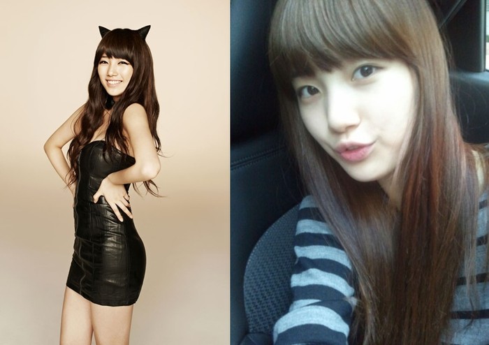 2. Suzy (Miss A) khi trang điểm (trái) và không trang điểm (phải).
